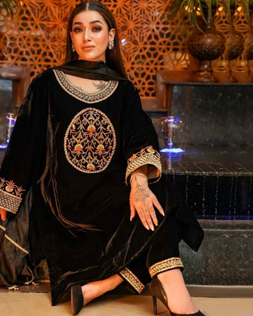 Gorgeous Black Heavy Velvet Embroidery Work Pakistani Suit With Dupatta