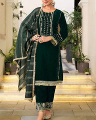 Gorgeous Green Heavy Velvet Embroidery Work Pakistani Suit With Dupatta