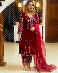 Ready To Wear Red Malmal Velvet Cording Embroidery Pakistani Suit With Dupatta