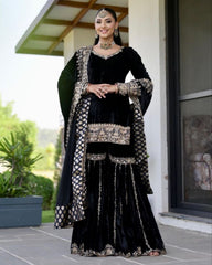 Ready To Wear Balck Velvet Sequnce Work Gharara Suit With Dupatta