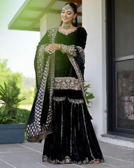 Ready To Wear Balck Velvet Sequnce Work Gharara Suit With Dupatta