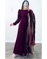 Ready To Wear Wine Micro Velvet  Sequence Work Aliacut Suit With Dupatta