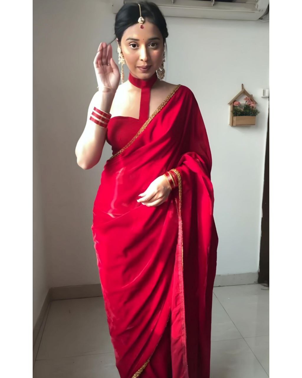 Gorgeous Red Premium Velvet Lace Work Saree With Blouse