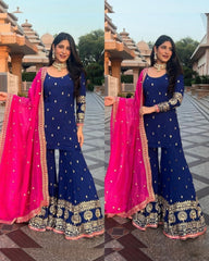 Ready To Wear Blue Faux Georgette Embroidery Work Plazzo Suit With Dupatta