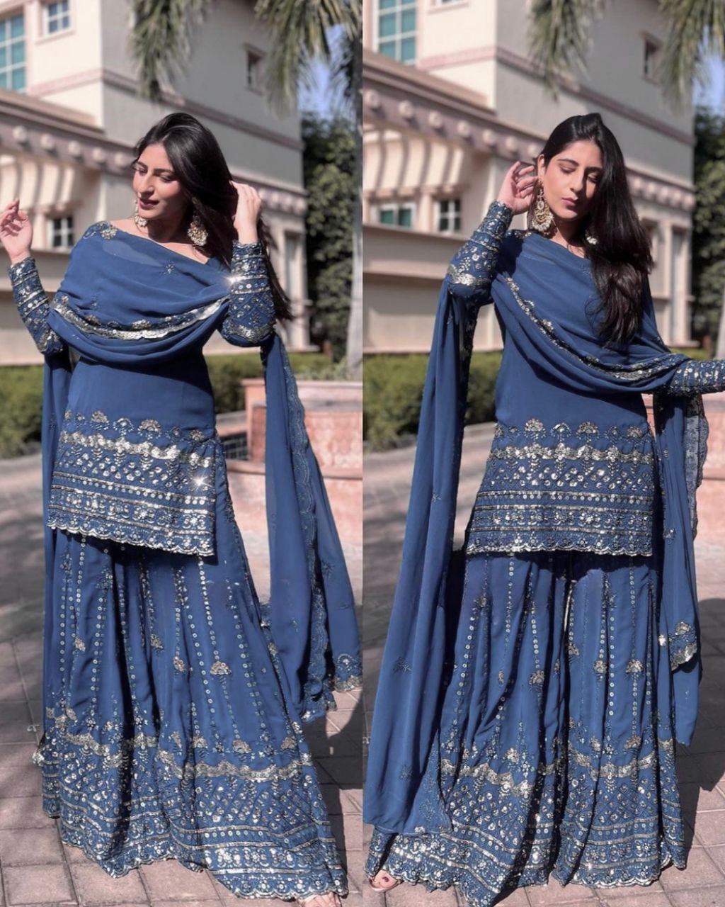 Gorgeous Blue Faux Georgette Embroidery Work Gharara Suit With Dupatta
