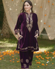 Gorgeous Wine Micro Velvet Embroidery Work Pakistani Suit With Dupatta