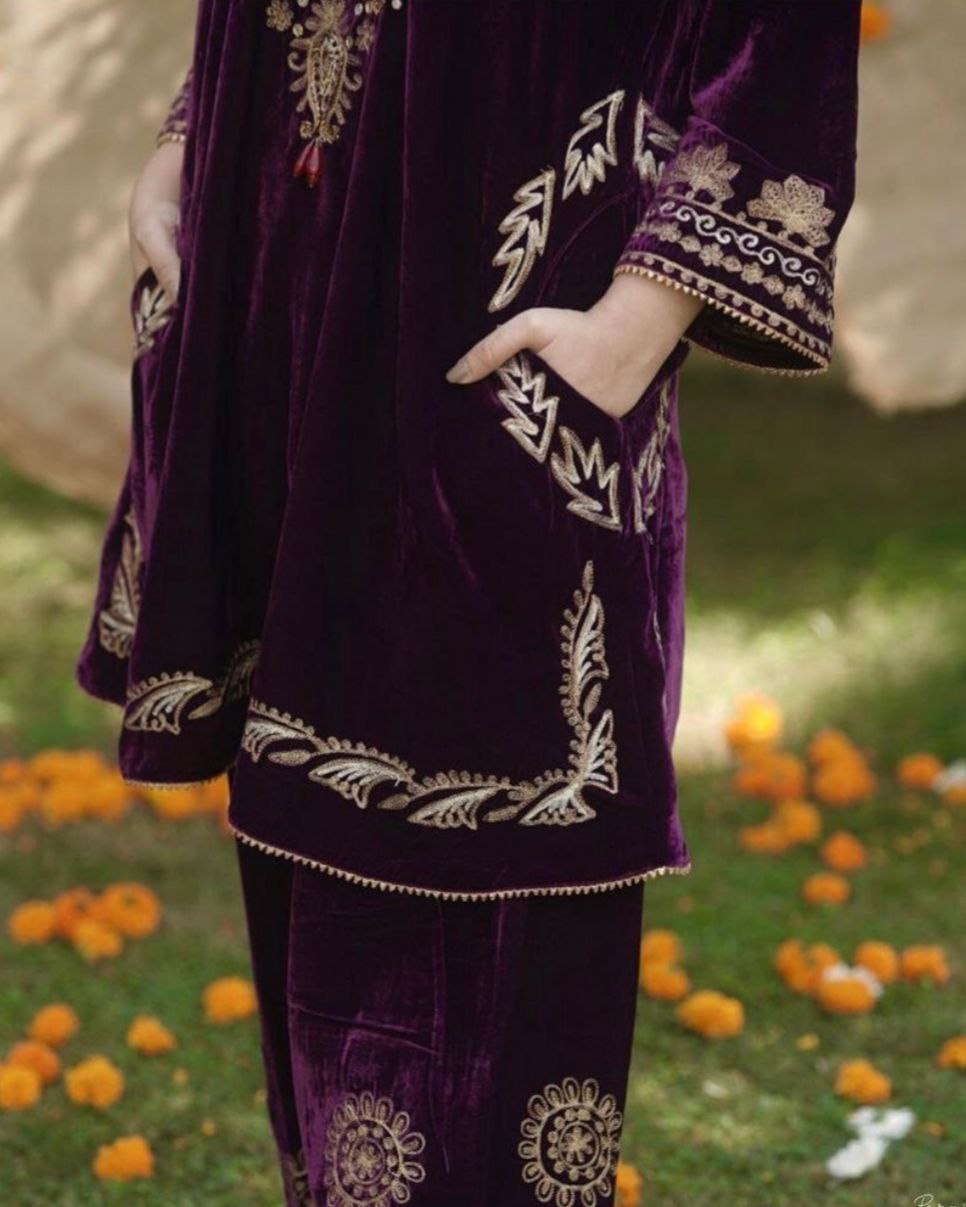 Gorgeous Wine Micro Velvet Embroidery Work Pakistani Suit With Dupatta