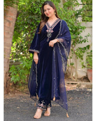 Gorgeous Royel Blue Micro Velvet Sequence Work Pakistani Suit With Dupatta