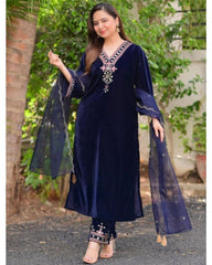 Gorgeous Royel Blue Micro Velvet Sequence Work Pakistani Suit With Dupatta