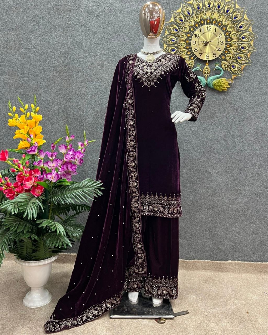 Ready To Wear Wine Viscose Velvet Embroidery Work Pakistani Suit With Dupatta