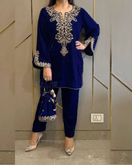 Ready To Wear Blue Micro Velvet Embroidery Work Pant Suit