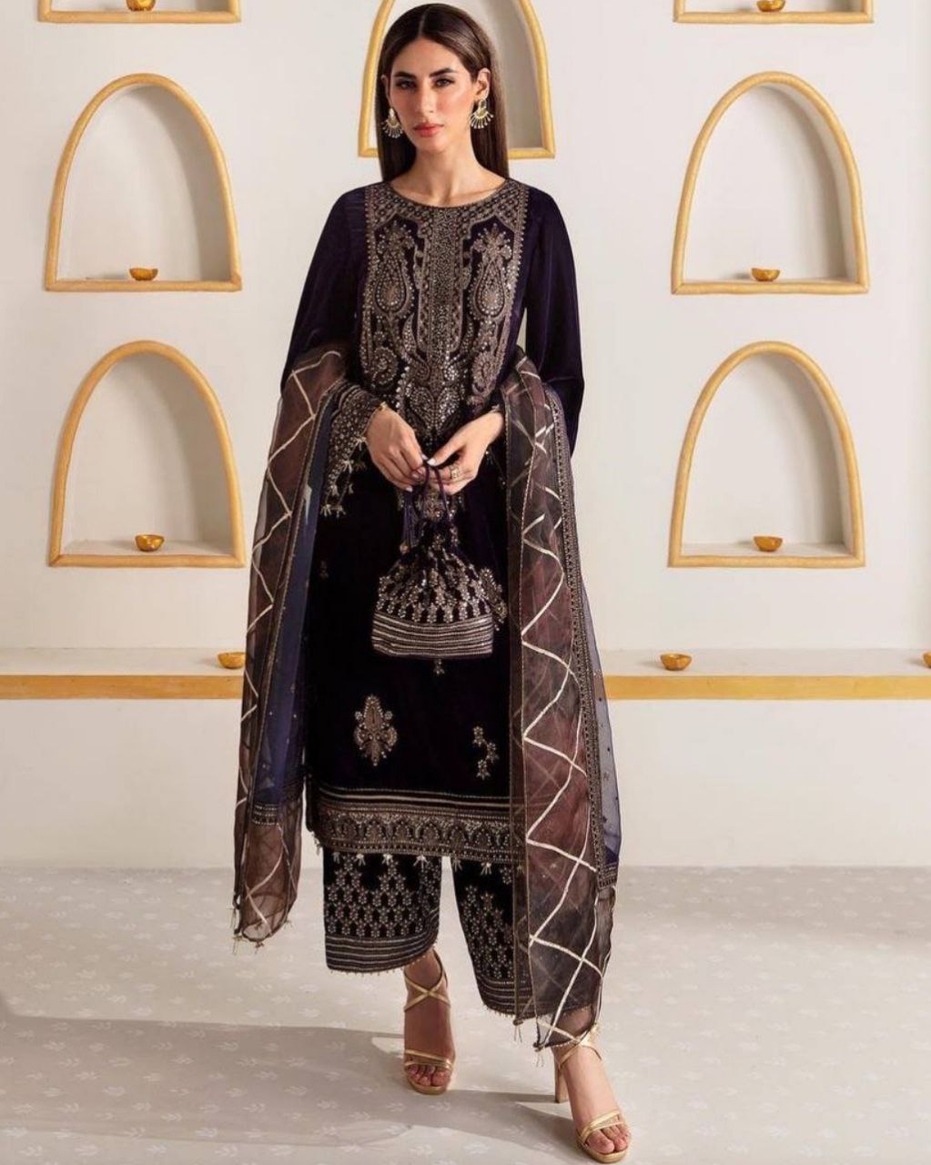 Gorgeous Blue Micro Velvet Embroidery Work Pakistani Suit With Dupatta