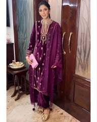 Gorgeous Wine Micro Velvet Embroidery Work Pakistani Suit With Dupatta