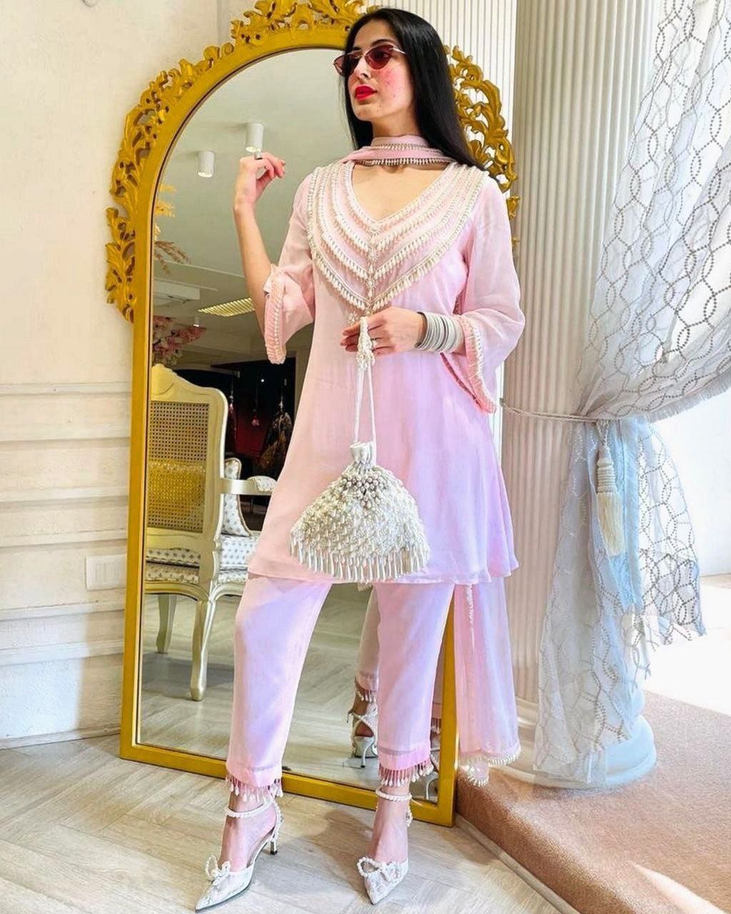 Gorgeous Baby Pink Maslin Silk Handwork Moti Lace Pant Suit Whit Dupatta