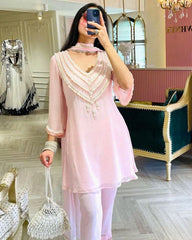 Gorgeous Baby Pink Maslin Silk Handwork Moti Lace Pant Suit Whit Dupatta