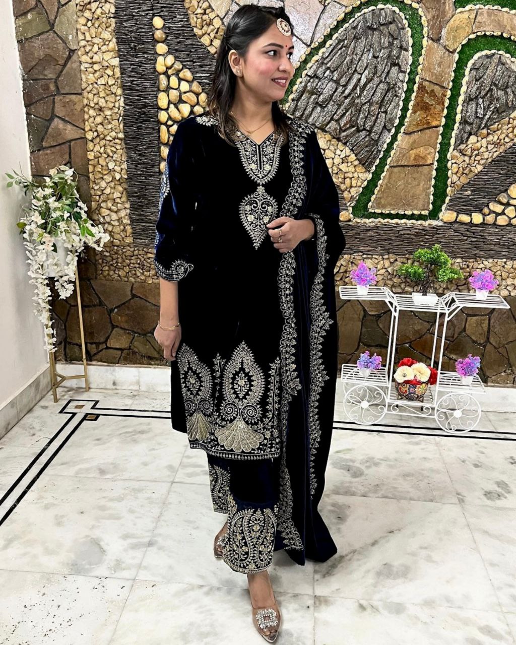 Gorgeous Black Micro Velvet Embroidery Work Pakistani Suit With Dupatta