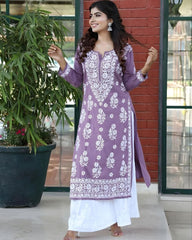 Gorgeous Purple Rayon Cotton Embroidery Work Chikan Kari