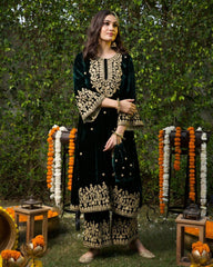 Gorgeous Drak Green Micro Velvet Embroidery Work Pakistani Suit With Dupatta