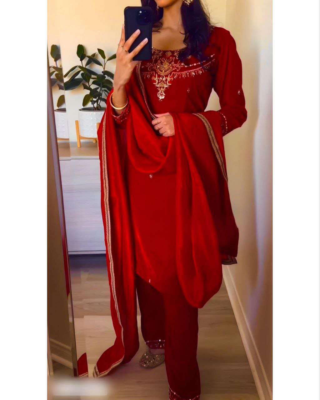 Gorgeous Red Micro Velvet Embroidery Work Pakistani Suit With Dupatta