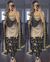 Gorgeous Golden Pure Georgette Embroidery Work Dhoti Suit With Dupatta