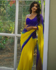 Gorgeous Yellow And Blue Pure Georgette Digital Print Saree With Blouse