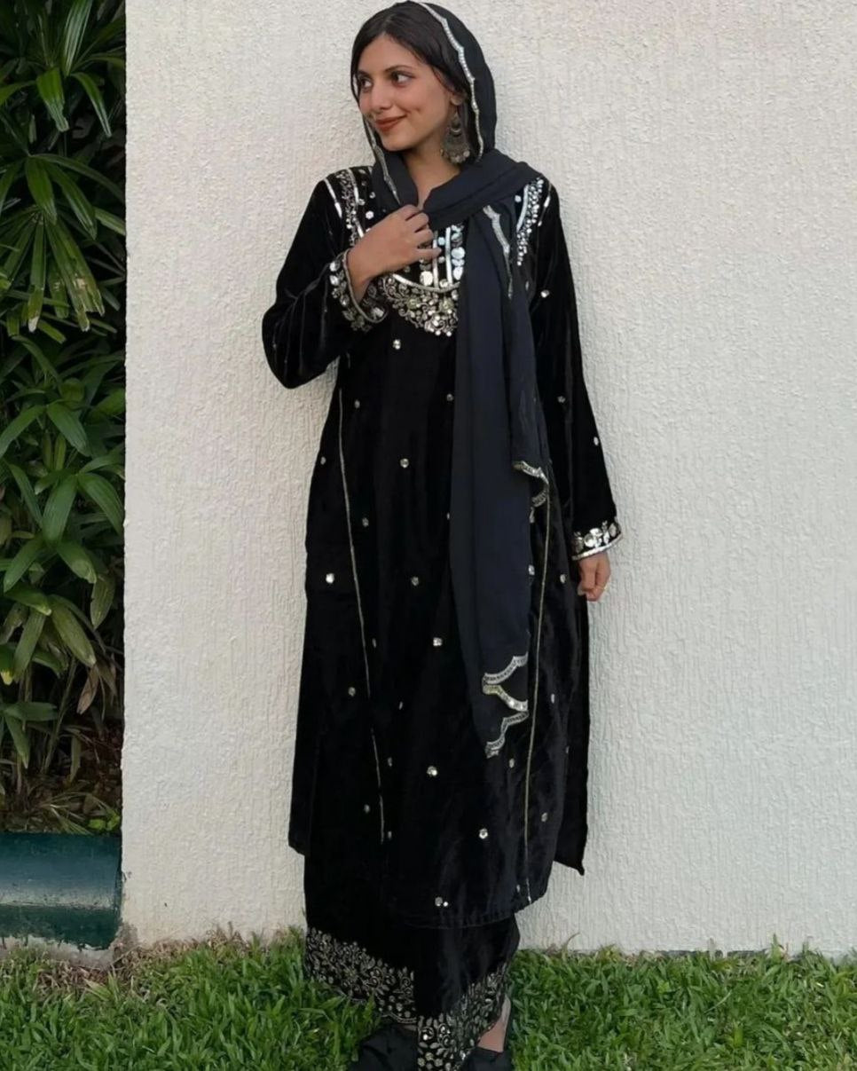 Gorgeous Black Pure Velvet Embroidery Work Pakistani With Dupatta