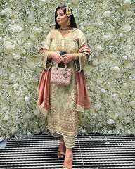 Gorgeou Perrot Green Pure Georgette Simmer Net With Lace Work Pakistani Suit With Dupatta