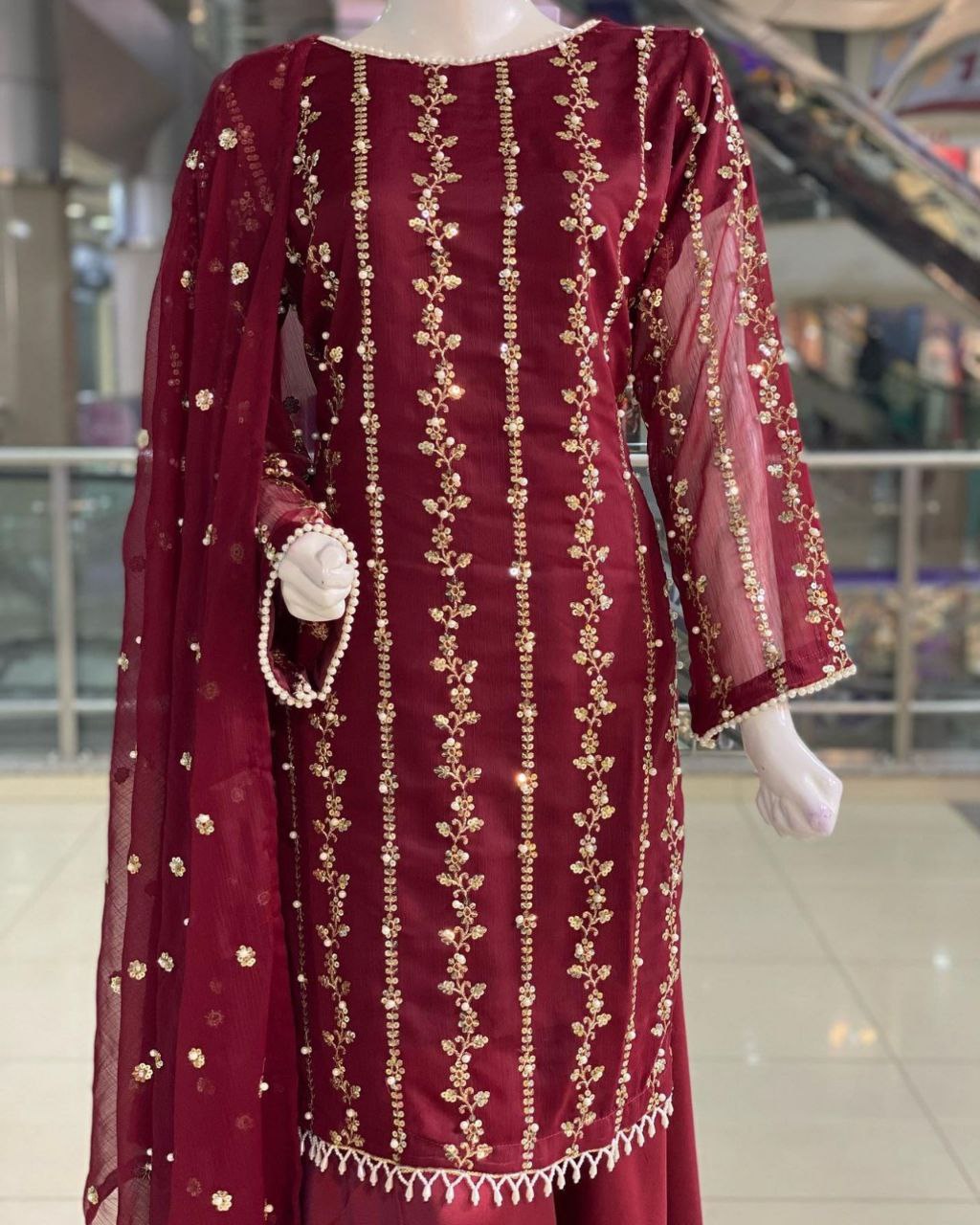 Gorgeou Maroon Pure Georgette Embroidery Work Plazzo Suit With Dupatta