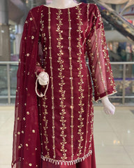 Gorgeou Maroon Pure Georgette Embroidery Work Plazzo Suit With Dupatta