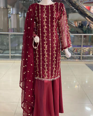 Gorgeou Maroon Pure Georgette Embroidery Work Plazzo Suit With Dupatta