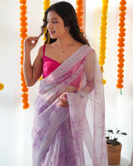 Gorgeous Lilac Organza Silk Embroidery Work Gown With Dupatta