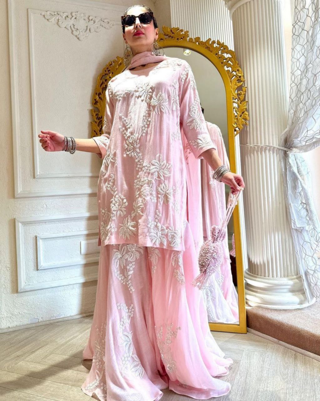 Gorgeous Baby Pink Pure Georgette Embroidery Work Plazzo Suit With Dupatta