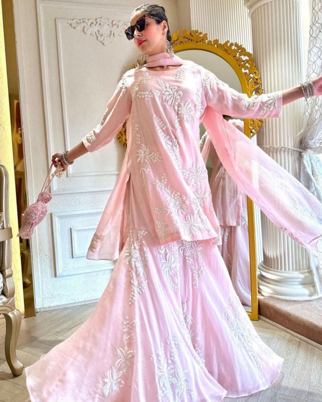 Gorgeous Baby Pink Pure Georgette Embroidery Work Plazzo Suit With Dupatta