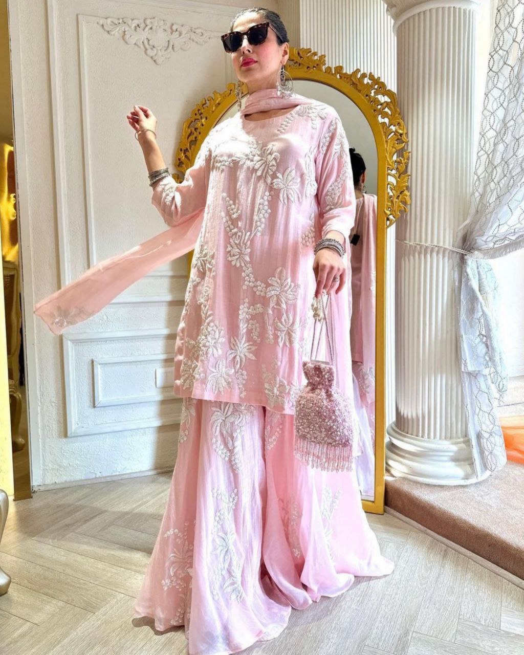 Gorgeous Baby Pink Pure Georgette Embroidery Work Plazzo Suit With Dupatta