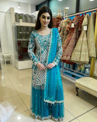 Gorgeous Sky Blue Pure Georgette Embroidery Work Plazzo Suit With Dupatta