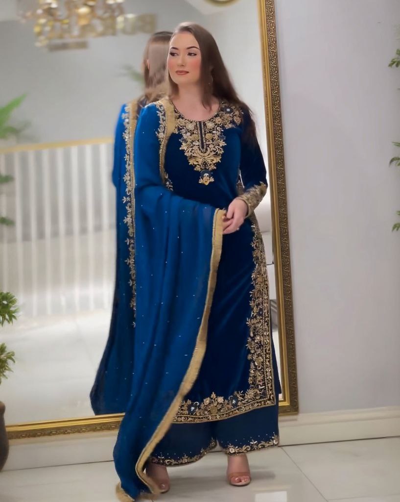 Gorgeous Blue Pure Velvet Embroidery Work Pkiatani Suit With Dupatta