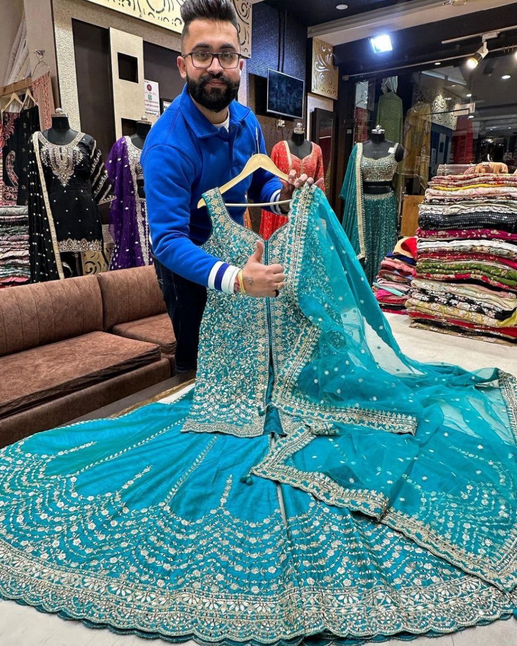 Gorgeous Turquoise Chanderi Silk Embroidery Work Lehenga Coli With Blouse