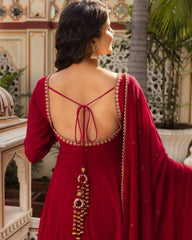 Gorgeous Red Pure Georgette Embroidery Work Gown With Dupatta