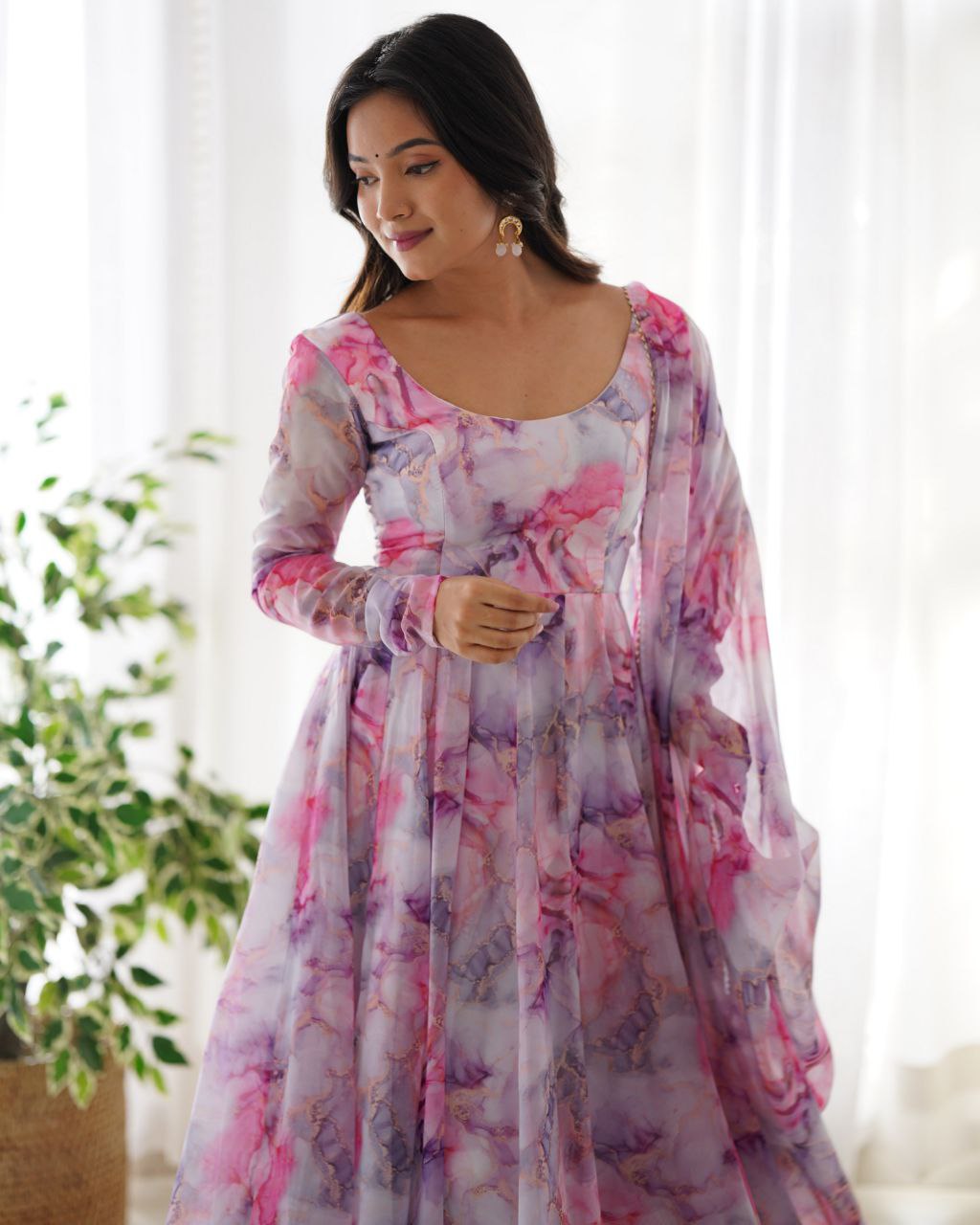 Gorgeous Pink Organza Silk Floral Prinkt Anarkali Suit With Dupatta