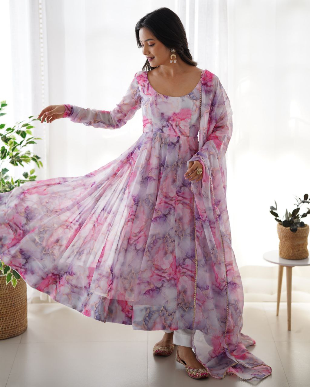 Gorgeous Pink Organza Silk Floral Prinkt Anarkali Suit With Dupatta
