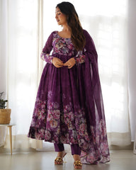 Gorgeous Purple Organza Silk Floral Prinkt Anarkali Gown With Dupatta