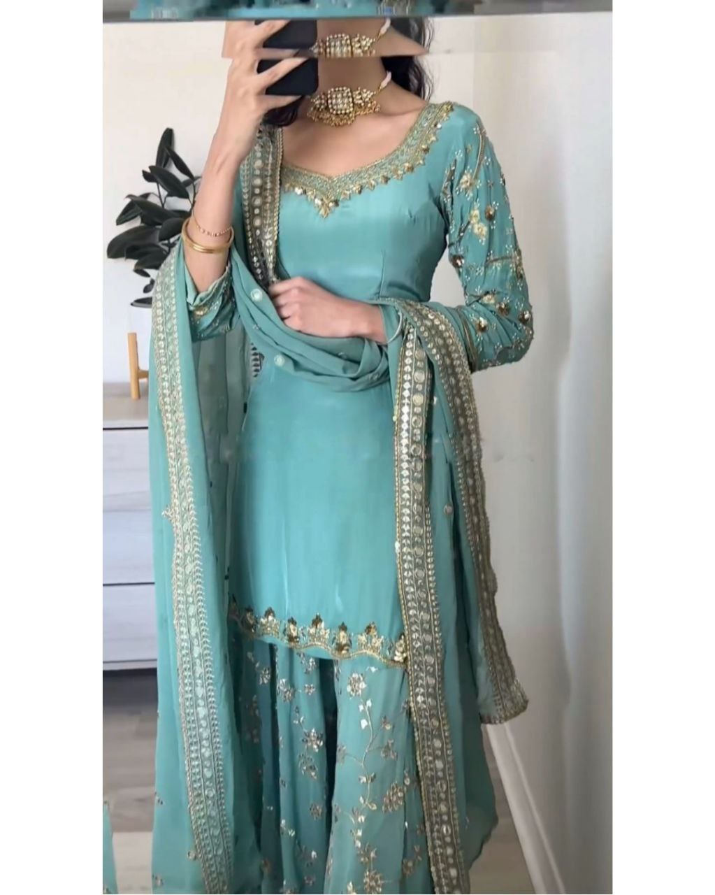 Gorgeous Sea Green Pure Georgette Embroidery Work Gharara Suit Whit Dupatta