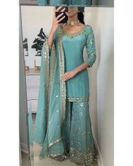 Gorgeous Sea Green Pure Georgette Embroidery Work Gharara Suit Whit Dupatta