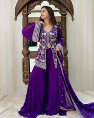 Gorgeous Purple Pure Georgette Embroidery Work Top Plazzo With Dupatta