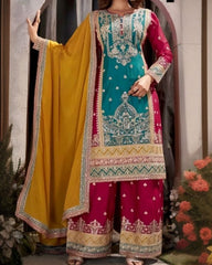 Gorgeous Rama And Pink Pure Georgette Embroidery Work Top Plazzo With Dupatta