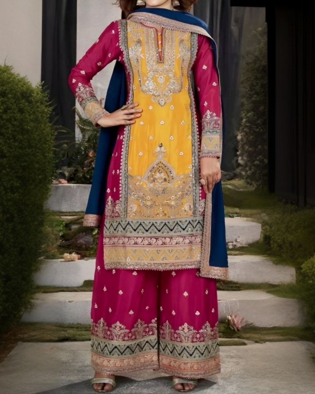 Gorgeous Yellow And Pink Pure Georgette Embroidery Work Top Plazzo With Dupatta