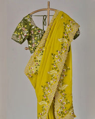 Gorgeous Yellow Chinon Silk Embroidery Work Saree With Blouse