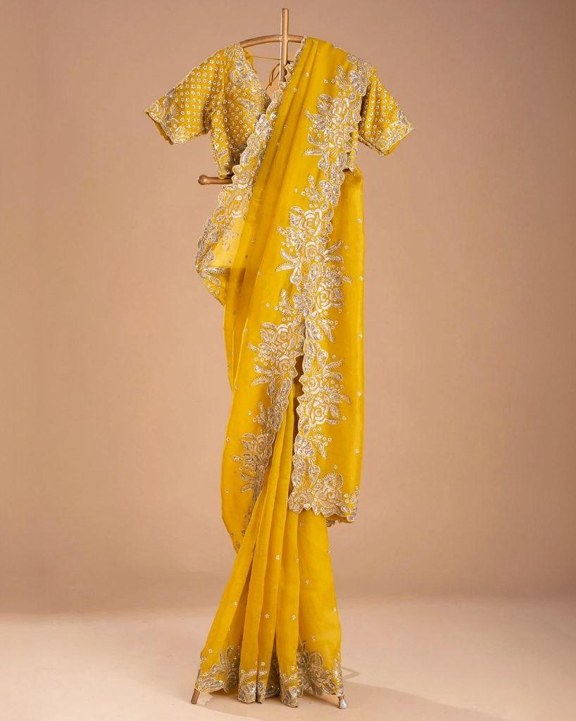 Gorgeous Yellow Organza Silk Embroidery Work Saree With Blouse