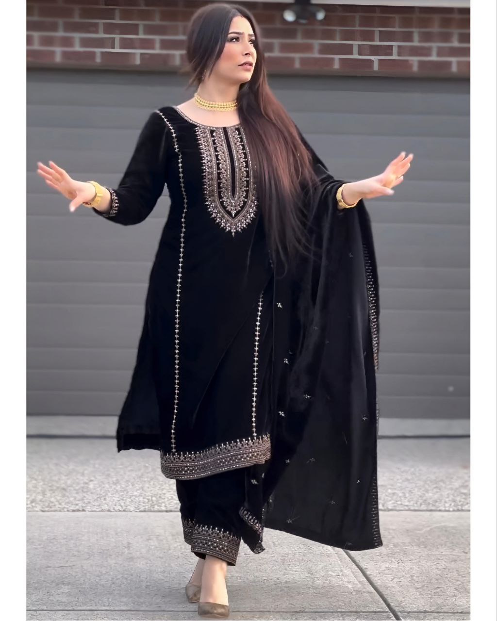 Gorgeous Black Micro Velvet Embroidery Sequence Work Pakistani Suit With Dupatta