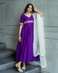 Adorable Violet Phantom Silk With Fancy Embroidery Thread Work Anarkali Suit With Dupatta